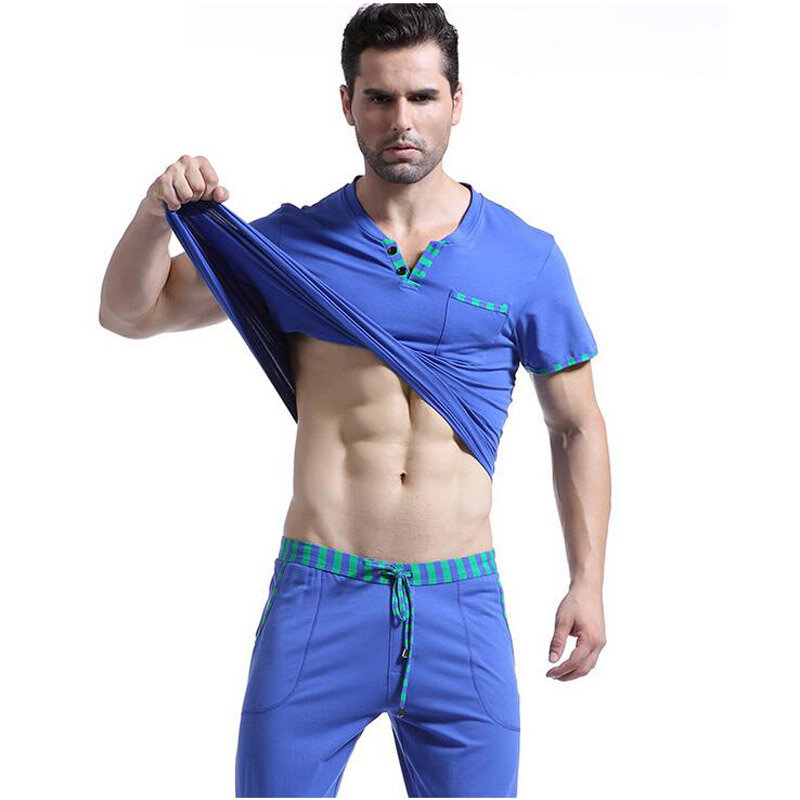 100% Cotton Men's Fashion Patchwork Pajamas Spring Autumn Short Sleeve Sleepwear Men Home Casual Pajama Sets Sleep Tops