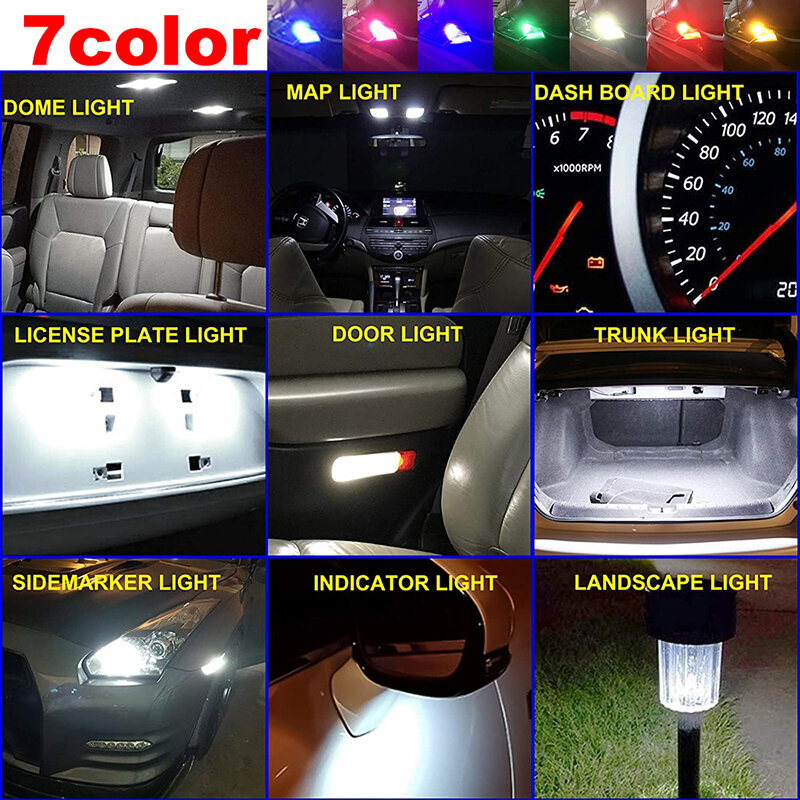 2/10 Uds Bombillas Led T10  vidrio para coche, lámpara de placa de matrícula, luz de cúpula, 7 colores, W5W 194 Lámpara indicadora de ancho para iluminación interior