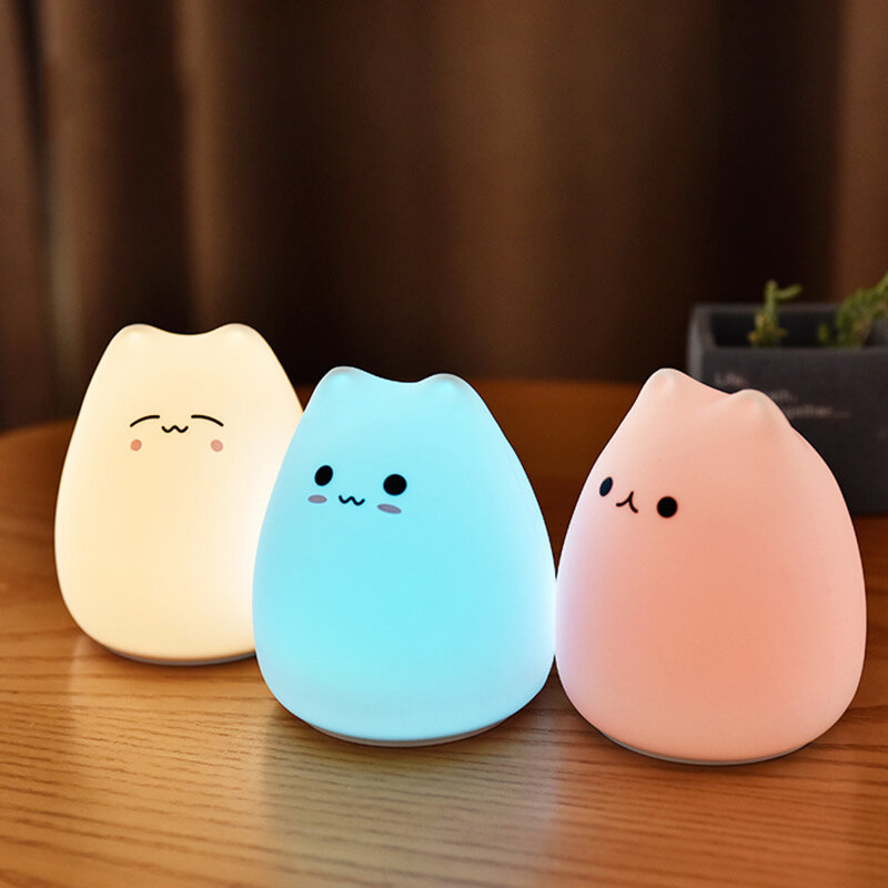 Lucu LED Malam Lampu Silikon Sensor Sentuh 7 Warna Kucing Lampu Malam Anak-anak Kamar Bayi Desktop Ornamen Baterai/USB Charge