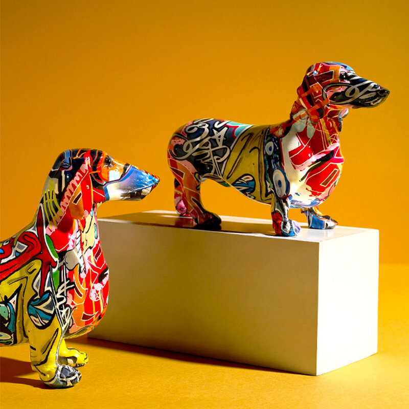 Estatua de resina para decoración del hogar, miniaturas de perro salchicha colorido pintado, creativo, moderno, para armario de vino y oficina