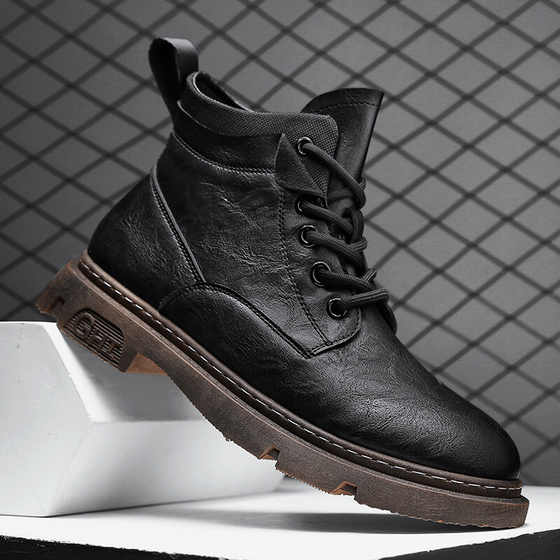 Мужские Винтажные ботильоны на шнуровке, черные уличные ботинки из микрофибры с резиновой подошвой, повседневная обувь для зимы, 2019
