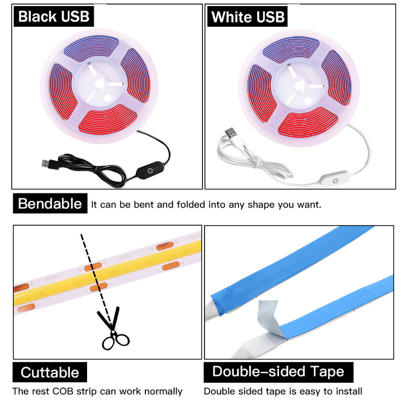 COB LED Strip Light DC5V USB Powered with Dimmer ON/OFF Switch Flexible LED Ribbon Tape 320Leds/m Rope High Density Linear Light