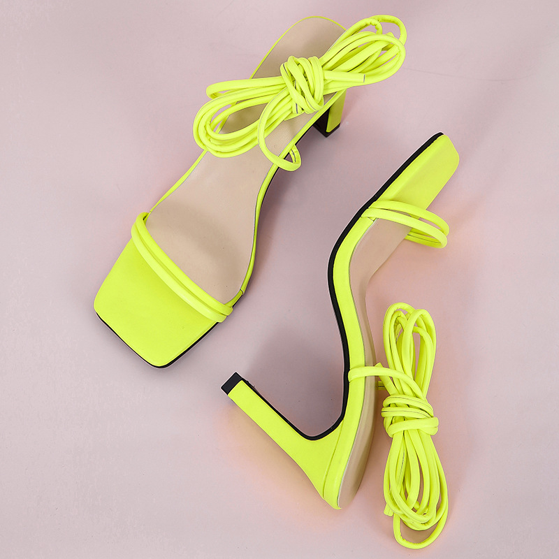 Sandalias sexys con cordones para mujer, zapatos de tacón alto con punta cuadrada, color naranja y verde, para verano, talla grande 43