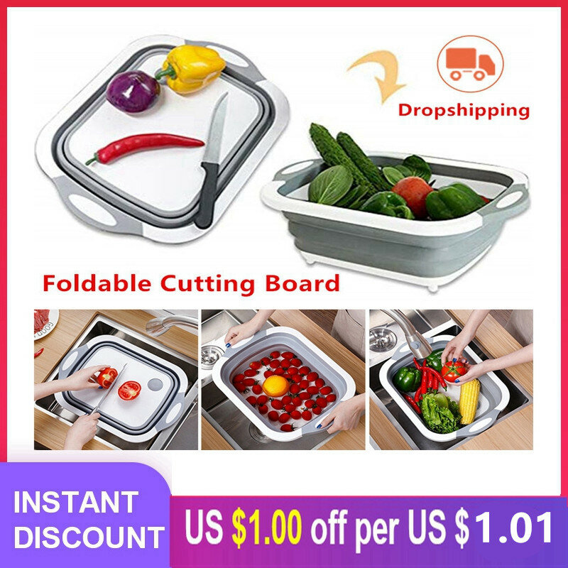 Kitchen Chopping Block Folding Cutting Board with Colander Food Chopping Boards Washing Basket Drain Kitchen Organizer