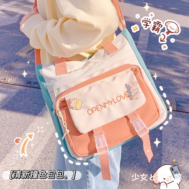 Lona crossbody bolsa feminina grande capacidade bonito livro de armazenamento schoolbag para estudante ins moda kawaii ombro mensageiro sacos