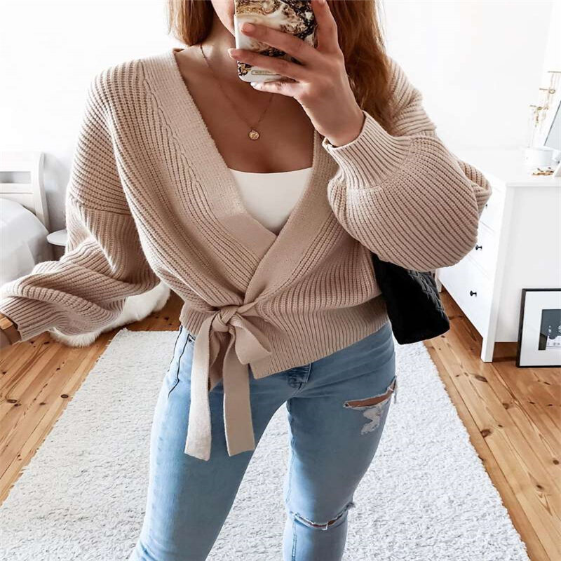 Autumn Women's Cardigan Sweater Solid Color V-Neck Lace Up Bow Jumpers Lattern Sleeve Loose Cardigan Female Knitted Coat