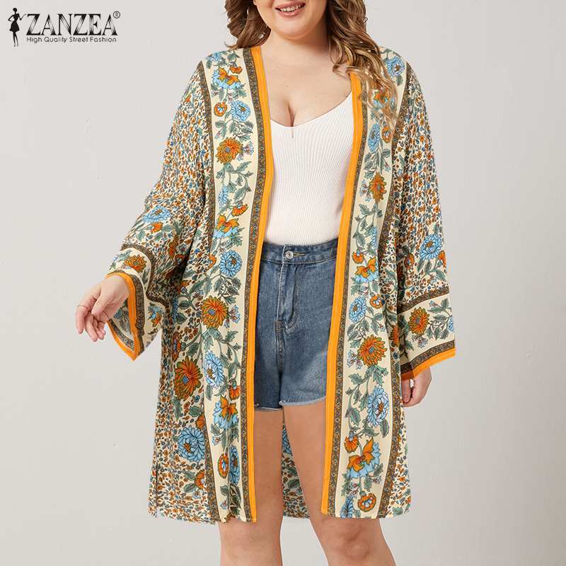 Plus rozmiar lato kwiatowe w stylu boho sweter rozpinany z nadrukiem ZANZEA kobiety z długim rękawem bluzka Kimono koszula Vintage tunika bluzki damskie L-5XL