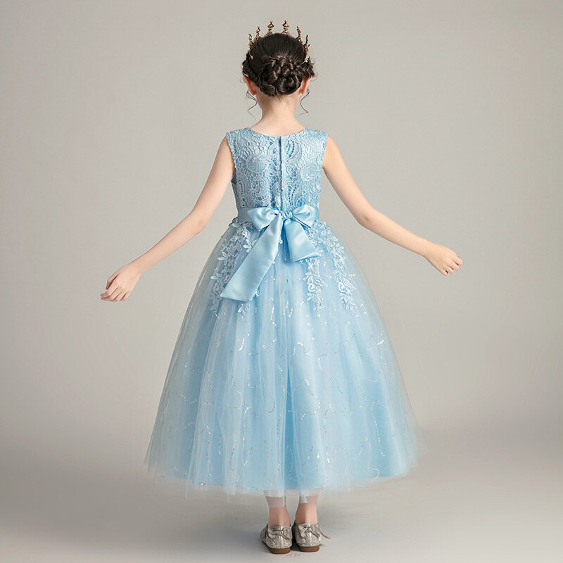 Yiiya-فستان احتفالي أنيق للفتيات ، ملابس احتفالية مزهرة زرقاء ، ياقة مستديرة ، للتواصل ، مع أزهار ، BT014