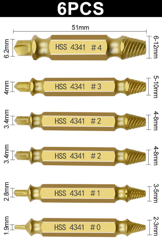 6 peças de ouro parafuso extrator conjunto brocas fácil para fora guia quebrado danificado parafusos parafuso removedor
