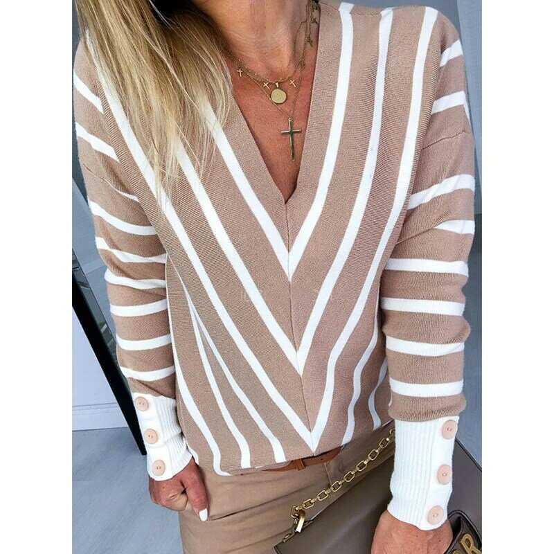 Striped Print Knitted Sweater Women Long Sleeve Casual Sweaters Pullover 2019 Winter Button Design Knitting Sweaters Pull Femme
