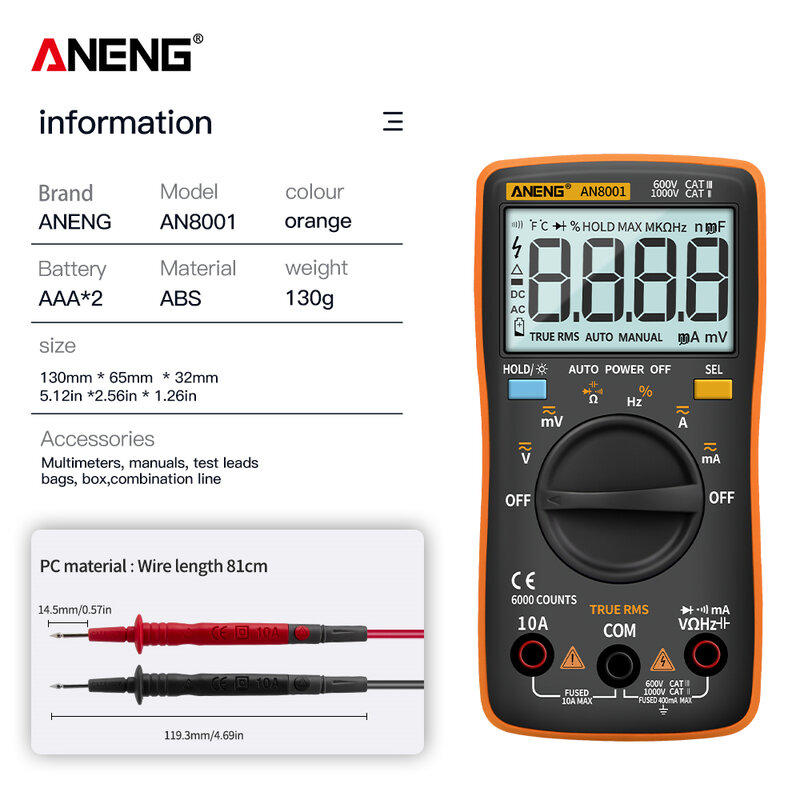 Цифровой мультиметр ANENG AN8001, профессиональный, 6000 отсчетов, тестер конденсаторов, универсальный тестер напряжения