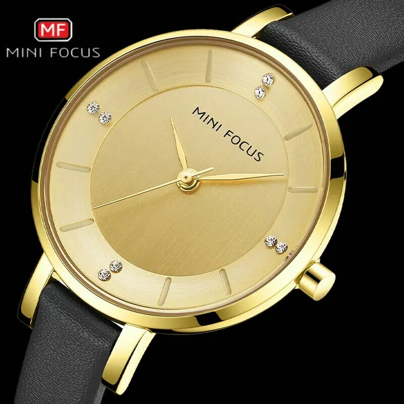 Relógio de quartzo simples e luxuoso de marca minifocus, relógio com pulseira de couro genuíno clássico e preto com caixa dourada e diamante real