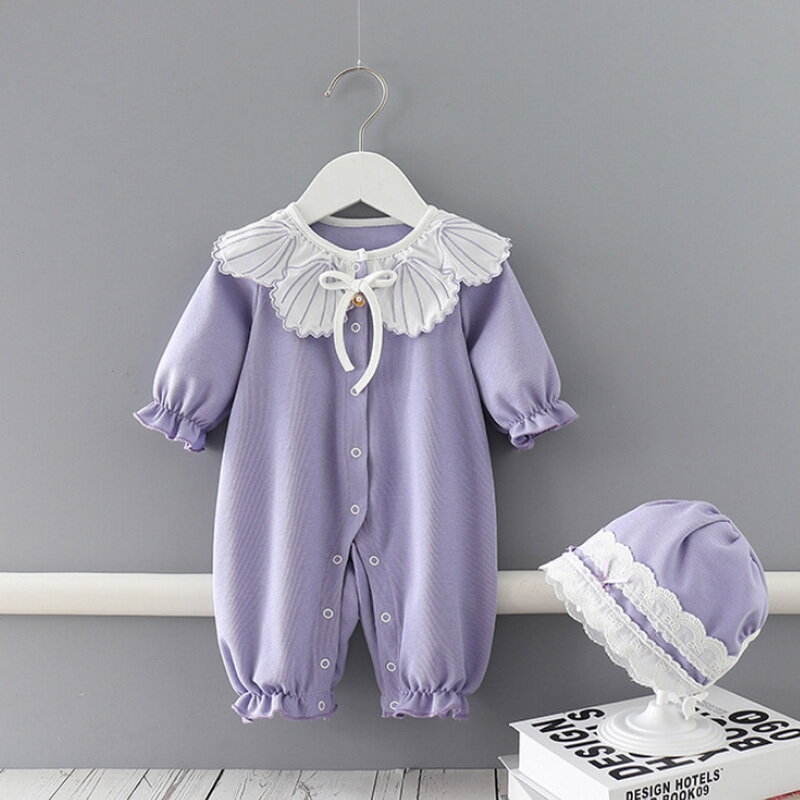 生まれたばかりの赤ちゃんのための綿のジャンプスーツ,新しい秋の服,ロンパース,紫,長いパフスリーブ,キャップ付き,子供服,e9122,2021