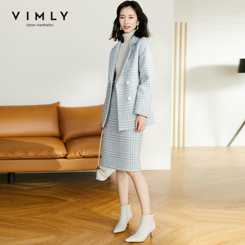 Vimly conjunto duas peças de lã 2020 elegante moda xadrez cinto dupla breasted blazers saia de cintura alta escritório roupas femininas f3793