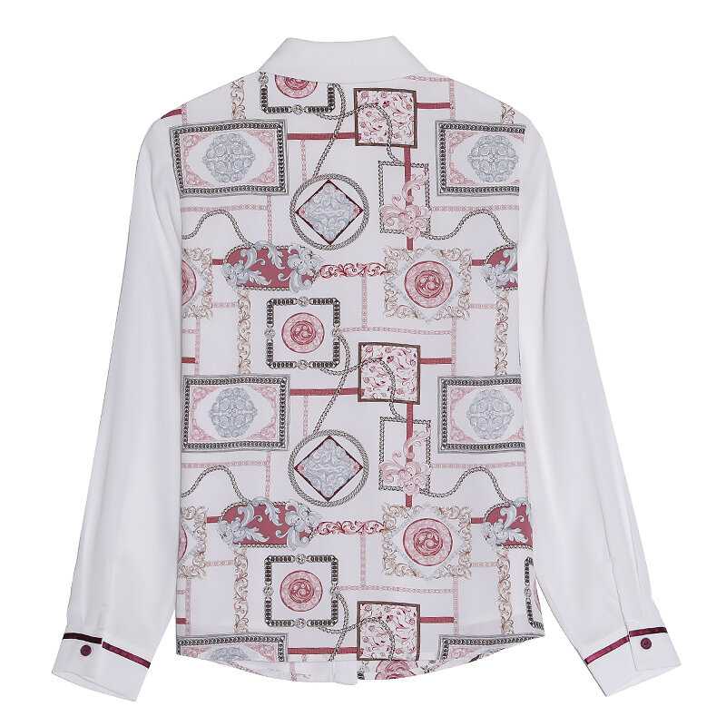 Camisa de manga larga con cuello vuelto para mujer, camisa elegante de gasa blanca con estampado Retro, Tops de primavera y otoño, novedad de 2020