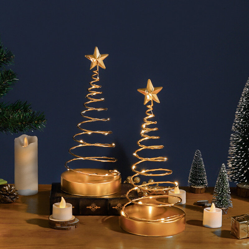 Christmas Iron Art Decoration Spiral Art Star Desktop Ornament With LED Light For Bedroom Living Room Decor