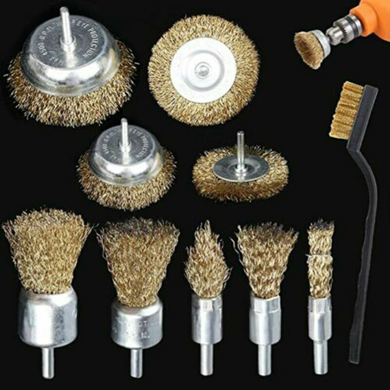 10pcs/set Brass Brush Wire Wheels Brushes Drill Rotary Tools Engraver Grinder Polishing Metal Rust Removal Brush Set Tools Brush