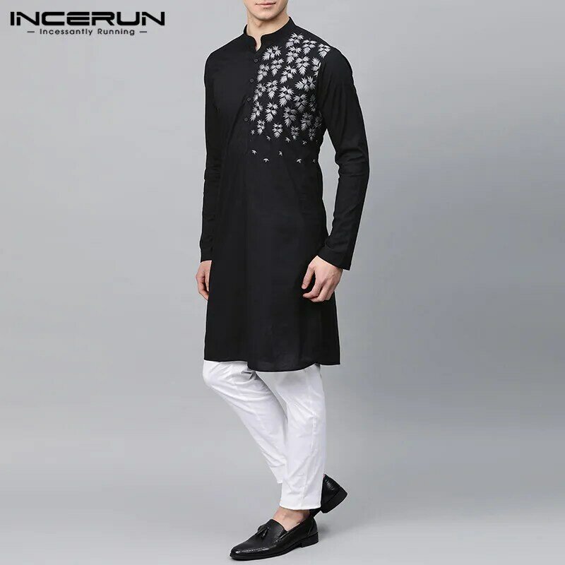 Mannen Mode Moslim Kaftan Shirts Casual Lange Mouw V-hals Kurta Jurken Shirt Man Printing Stand Kraag Abaya Dubai Camisas 5XL
