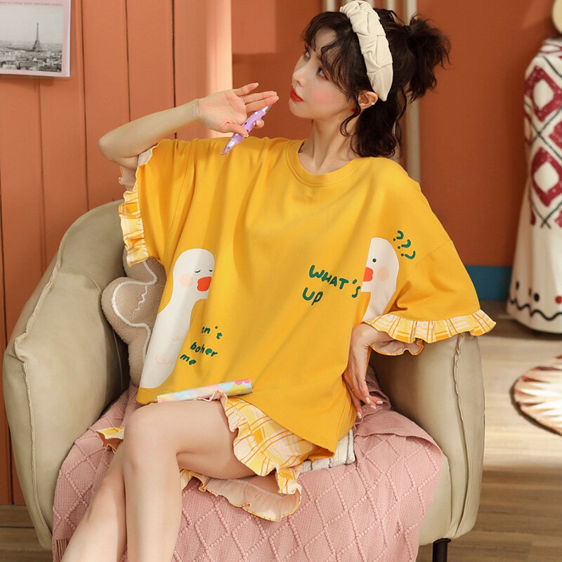 Pajamas Women's Summer Short-Sleeved Loose Student Cotton Suit Question Mark Goose Fresh Thin Home Wear Spring and Autumn