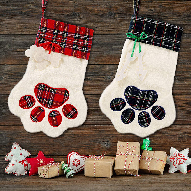 2 Pieces Christmas Stockings Pet Paw Pattern Stockings Fireplace Hanging Stockings for Holiday Pet and Christmas Decoration