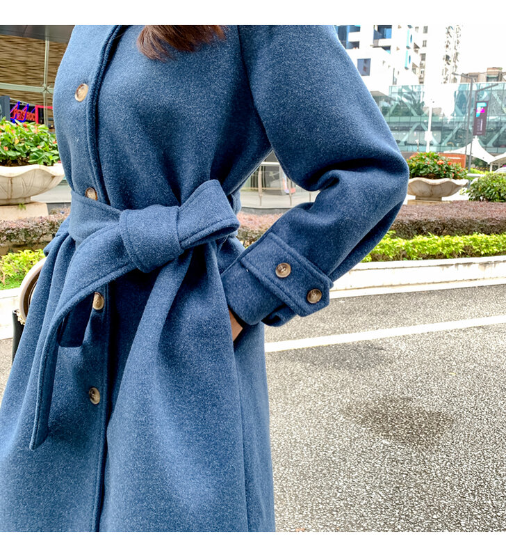 Шикарное осенне-зимнее женское пальто 2021 Однотонное шерстяное пальто с высоким воротником на бретельках длинное пальто