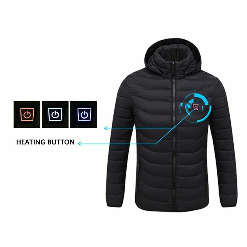 남성용 9 장소 가열 겨울 따뜻한 재킷 USB 난방 패딩 재킷, 스마트 온도 조절기 퓨어 컬러 후드 가열 의류 방수
