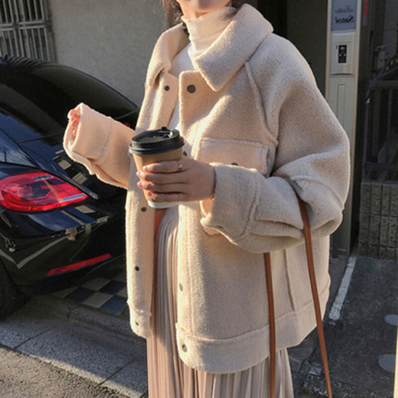 램 양모 코트 여성 두꺼운 2021 가을과 겨울 새로운 느슨한 봉제 자켓 탑 한국 숙녀 코트 패션 따뜻한 캐주얼 아웃웨어