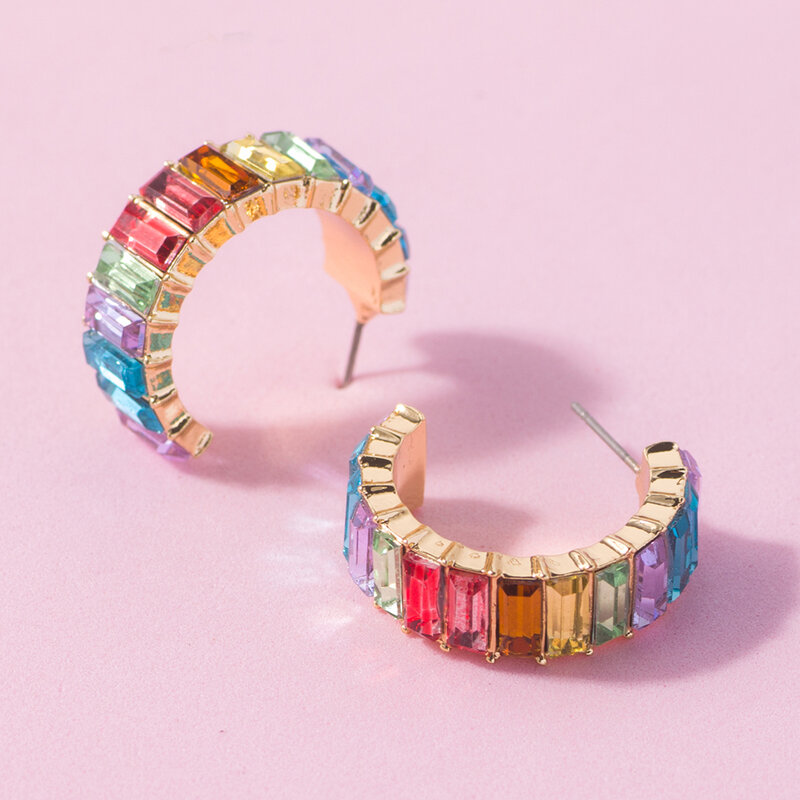 Brincos geométricos femininos da moda perda, brincos de haste em vidro cristal tipo c, vários cores, joias de festa de casamento, para meninas e mulheres