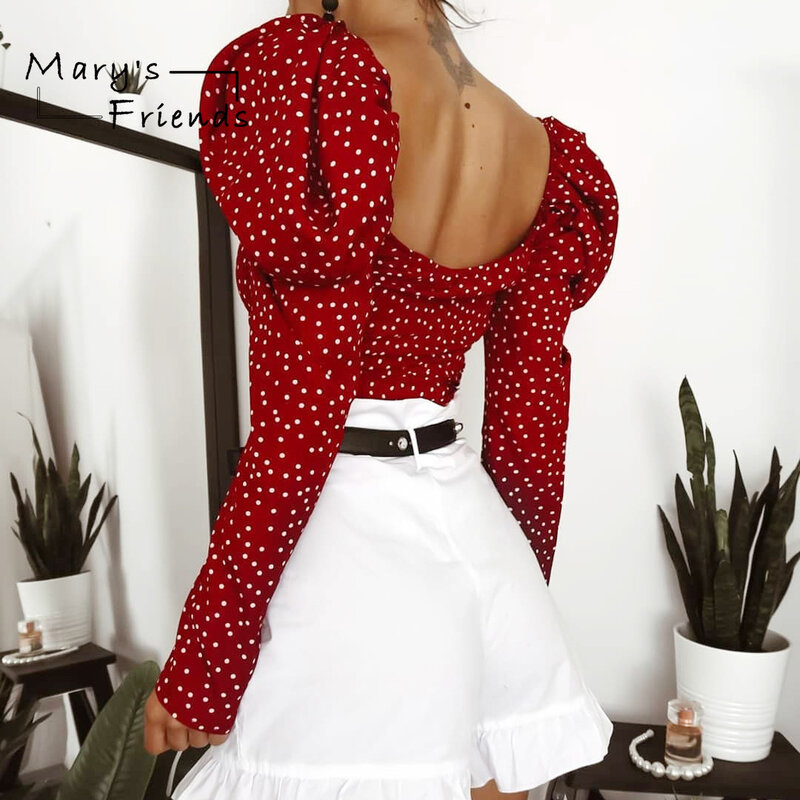 Mary's Friends koszula z długim rękawem wiosna Sexy bufiaste rękawy Polka nadruk w kropki bandaż krzyż koszulka z dekoltem v Top kobiety Blusas De Mujer