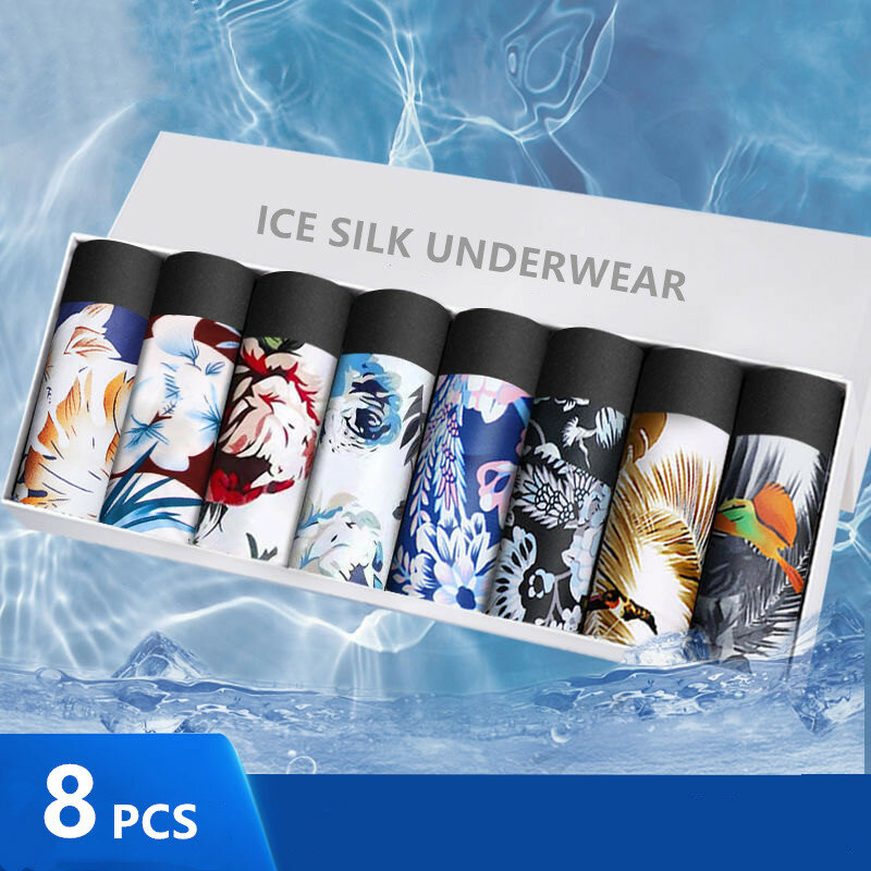 8ชิ้น/ล็อตชายชุดชั้นในน้ำแข็งผ้าไหมพิมพ์ชุดชั้นในฤดูร้อน Breathable Ultra-Light กลางเอวกางเกงขาสั้นอินเ...