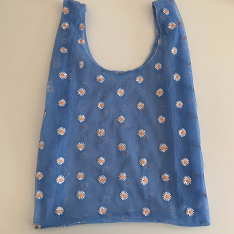 Lato kobiety małe przezroczyste Tote tkanina z siateczki torba Daisy hafty torebka przyjazne dla środowiska owoce torba na zakupy torebka dla dziewczynek