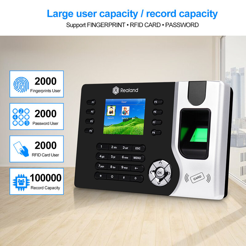Realand – Machine biométrique TCP/IP pour l'enregistrement des empreintes digitales, enregistreur de temps d'enregistrement des employés RFID USB pour le bureau, logiciel gratuit dc 12v