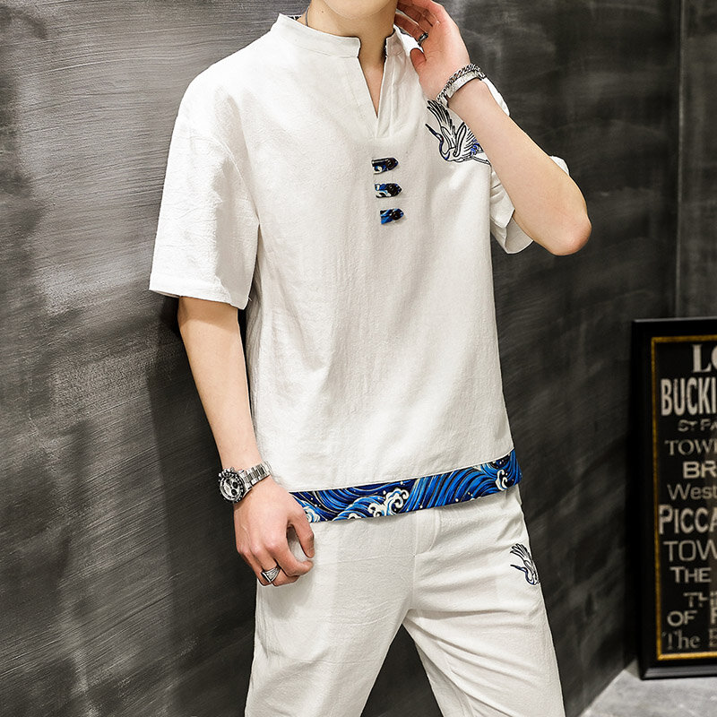 Chinese Stijl Borduurwerk Kraan Mannen Sets Streetwear Korte Mouw Casual Shirt Elastische Taille Zakken Broek Vintage Losse Mannen Sets