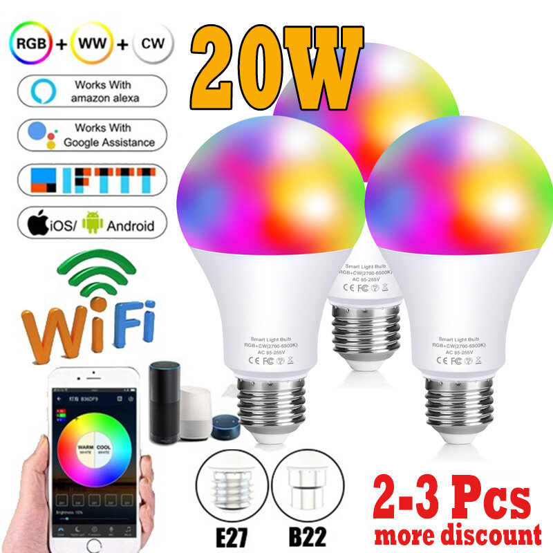 5W-20W lampadina intelligente lampada a LED RGB dimmerabile cambia colore lavoro con Alexa/Google Home Wifi APP Bluetooth o telecomando