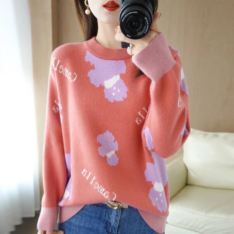 The New Round Neck Knitted Color-Blocking Sweater Women Loose Shoulders Lazy Wind Pullover Outer Wear Base Coat 21 Autumn Winter