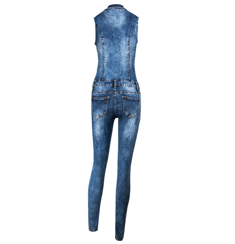 2019 kobiety Catsuit kombinezony spodnie jeansowe pełna długość spodnie damskie Sexy dżinsy długie Sexy bez rękawów głębokie V kołnierz Slim kombinezony k01