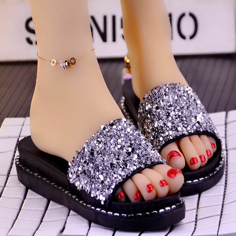 Zapatillas de verano para mujer, Sandalias planas a la moda, antideslizantes, con fondo grueso, con diamantes de imitación