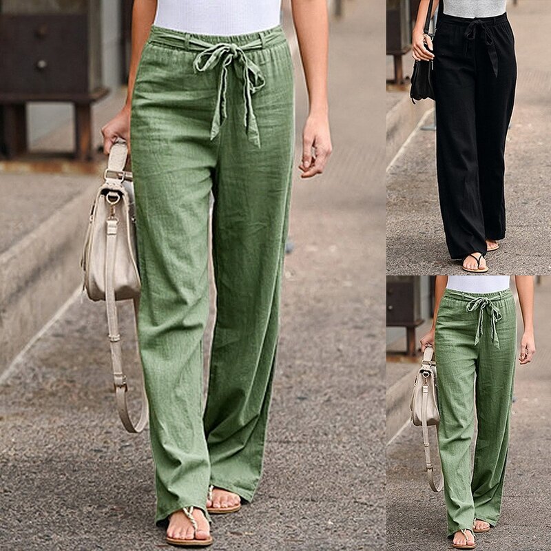 Conforto calças femininas 2021 casual cor sólida cintura alta cinto perna larga calças retas longas streetwear