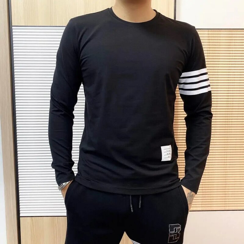 2020 nova manga longa primavera outono harajuku tshirt conjuntos de camisas masculinas o-pescoço sólido poliéster preto branco t camisa masculina