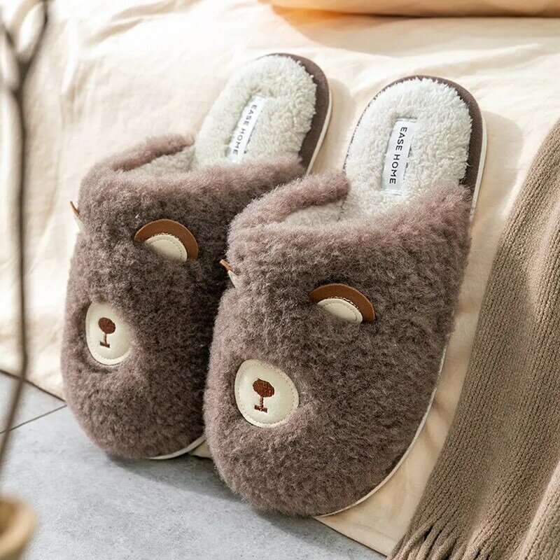 Тапочки การ์ตูนหมี3d บ้านผู้หญิงผู้ชายรองเท้าแตะฤดูหนาว Plush ห้องนอนในร่มรองเท้าผ้าฝ้ายลื่นคนร...
