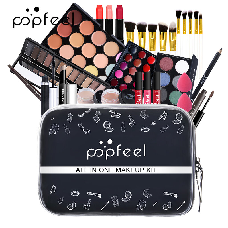 Popfeel kit de maquiagem multifuncional (sombra, leve, batom, pincéis, sobrancelha, corretivo), bolsa de cosméticos de beleza