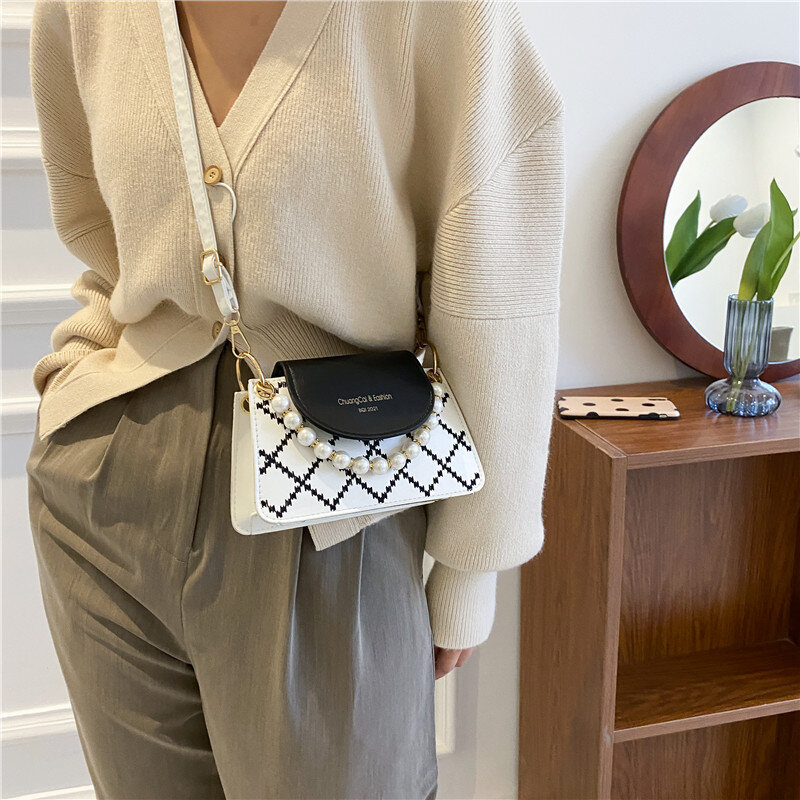 Popularna torba klapowa damska torebka Crossbody moda perłowa nadruk Retro Pu torba na ramię na co dzień wysokiej jakości