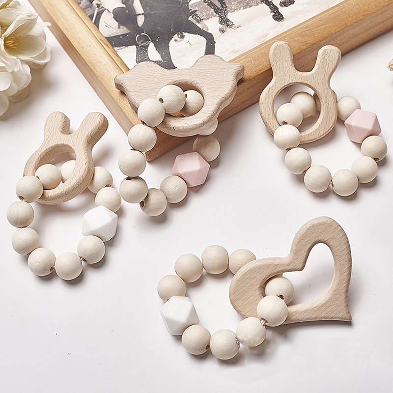 Wooden Rattle Beech Bear Hand Teething Ring Baby Rattles Play Stroller Toy Baby Teether Wooden Toy Baby Rattle
