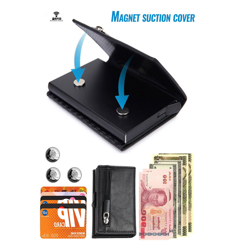 Tarjetero con nombre personalizado RFID para hombre y mujer, billetera de cuero magnética delgada, Tarjetero con compartimento y monedero