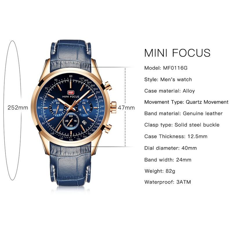 MINI FOCUS-reloj deportivo de lujo para hombre, cronógrafo multifunción con correa de cuero, informal, a la moda, regalo, 2021
