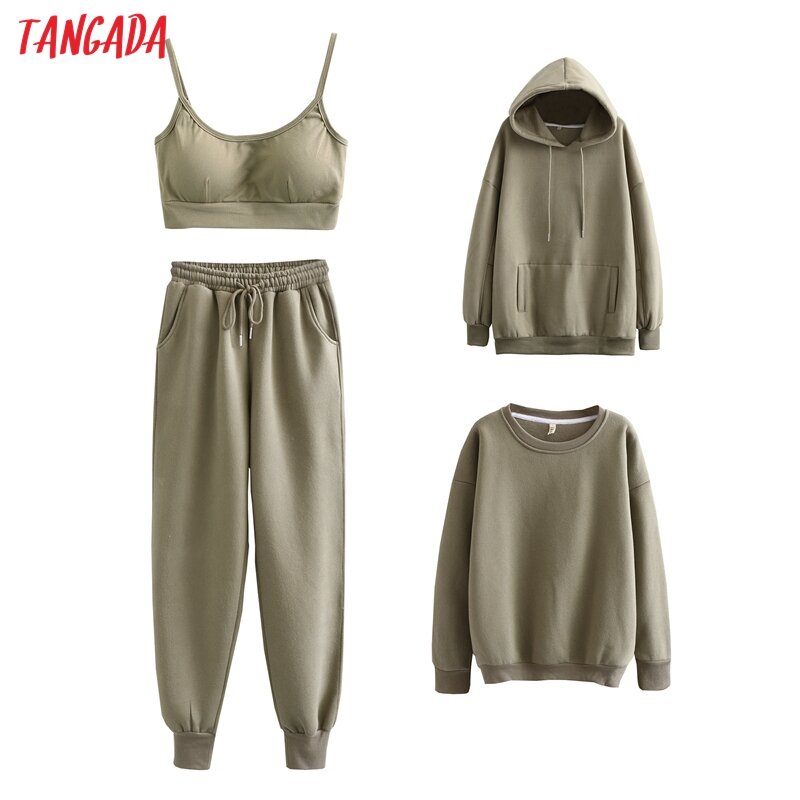 Tangada 2020 Women's Set Color Match Set Tracksuits Camis Hooded Fleece Sweatshirts Elastic Waist Pants Solid Color 6L35