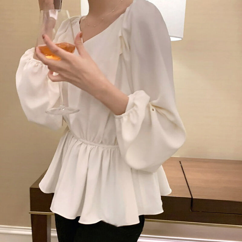 Shintimes-Blusa blanca con cuello en V para mujer, ropa de moda coreana, camisa de manga larga, camisas Chemisier para mujer 2021