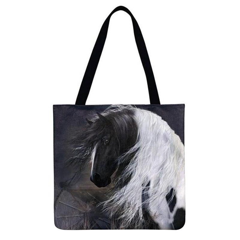 Многоразовые льняные сумки для покупок, повседневная женская сумка-тоут с принтом в виде животных и лошадей, квадратная вместительная сумк...