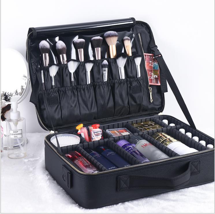 Bolsa de cosméticos de color negro resistente al agua con partición, bolsa de cosméticos de PU de doble capa con estuche portátil para maquillaje y tatuaje