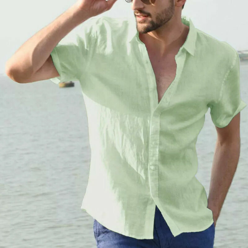 남성 셔츠 리넨 반소매 여름 솔리드 셔츠 캐주얼 루즈 다운 칼라 블라우스 남성 통기성 셔츠 Chemises homme